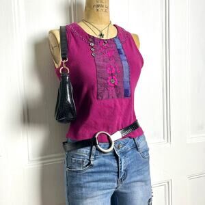 Vintage faith pink tank with boho patched work beaded & embroidered details